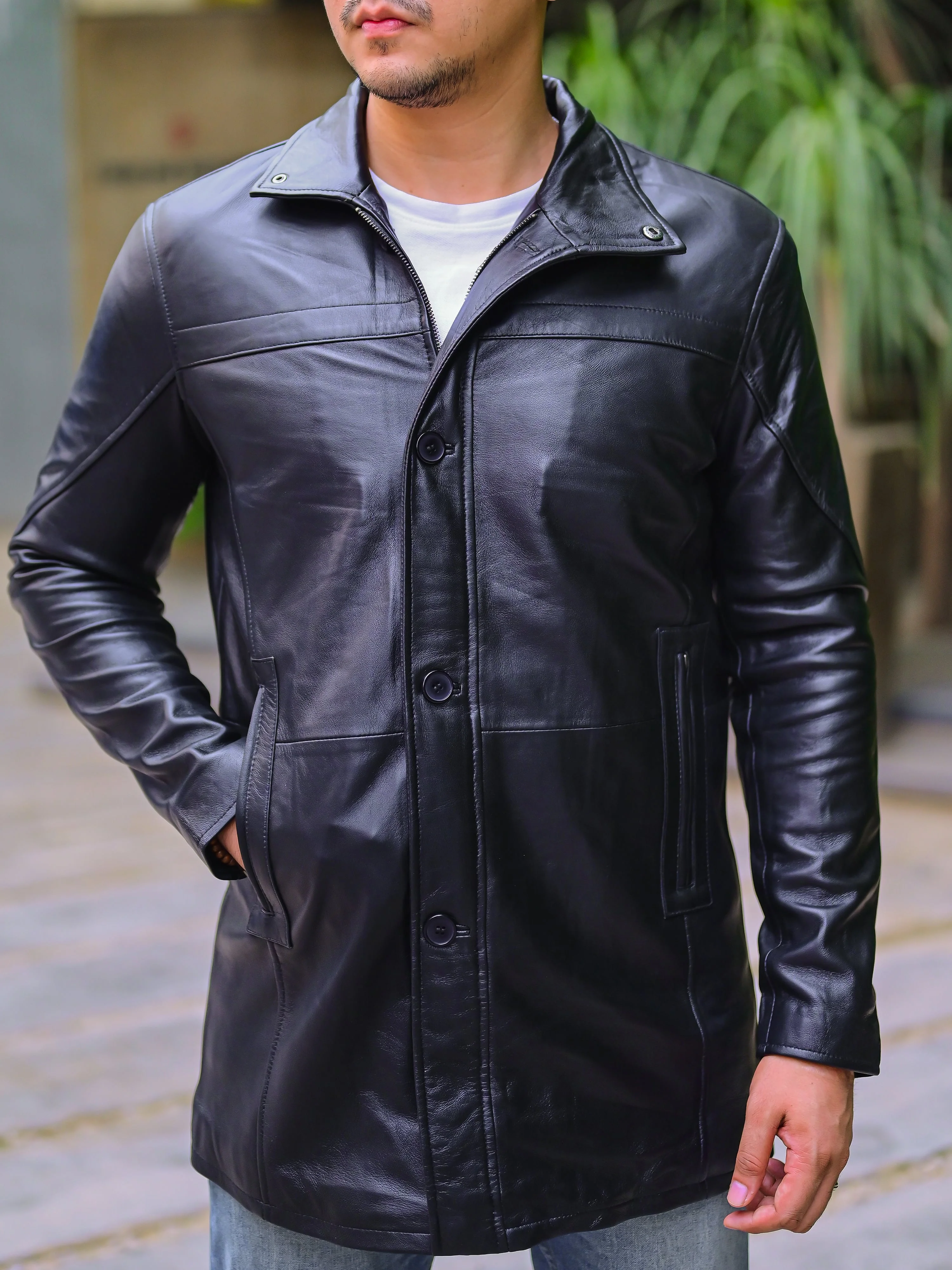 Jild 3/4 Length Black Trench Leather Car Coats for Men